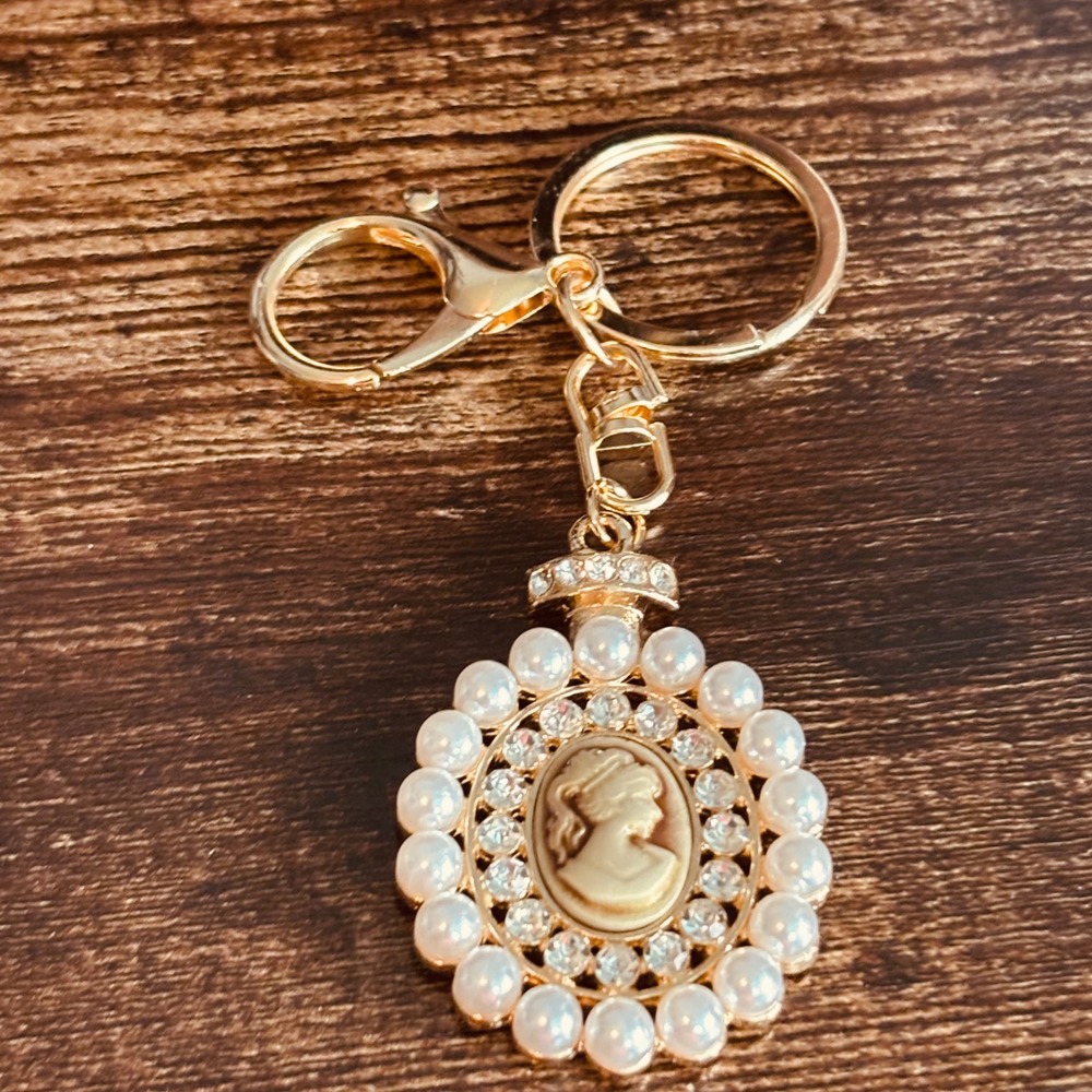Gold Tone Cameo Keychain with Faux Pearls and Rhinestones Victorian Style